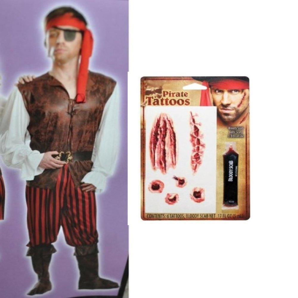 Pirate & Makeup Tattoos Halloween Costume 6 Pc Shirt Pants Belt Patch Mens OS